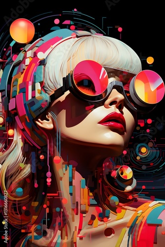 Retro wave collage, blonde woman's style poker face with sunglasses, black background