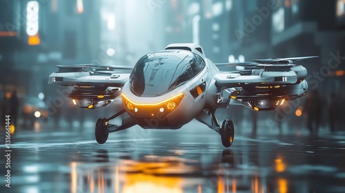 Engineers developing vertical takeoff and landing VTOL electric aircraft for urban mobility, Aerospace, Innovative and futuristic photo