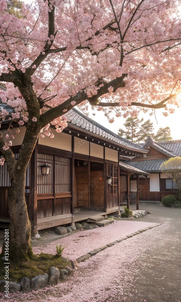 Blooming sakura against the background of a traditional Japanese house. Blooming sakura against the background of a traditional Japanese house.