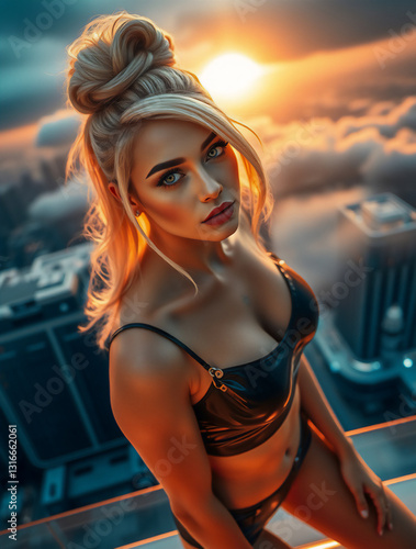 sophisticated young woman in a futuristic city, sci-fi scenery