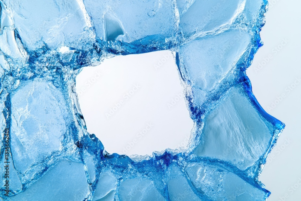 Abstract image of cracked ice with a central empty space, showcasing its translucent blue texture and irregular shape. Abstract image of cracked ice with a central empty space, showcasing its translucent blue texture and irregular shape.