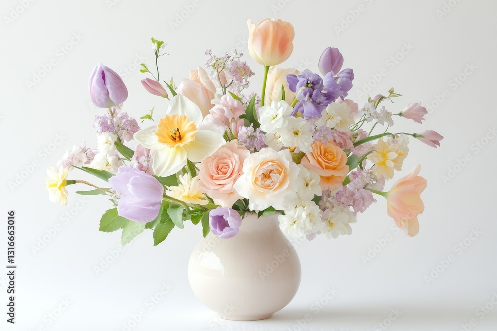 Pastel-colored spring bouquet in a cream vase, featuring tulips, roses, daffodils, and other blooms. Pastel-colored spring bouquet in a cream vase, featuring tulips, roses, daffodils, and other blooms.