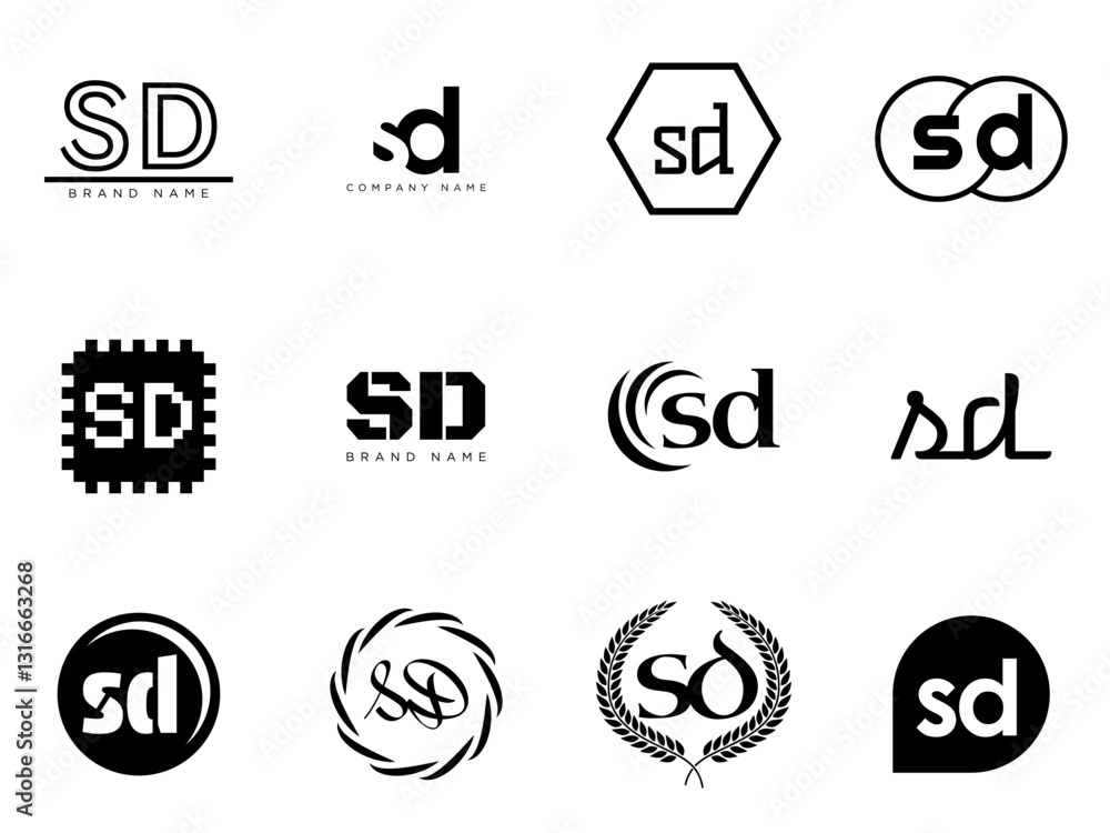SD logo company template. Letter s and d logotype. Set different classic serif lettering and modern bold text with design elements. Initial font typography. SD logo company template. Letter s and d logotype. Set different classic serif lettering and modern bold text with design elements. Initial font typography.