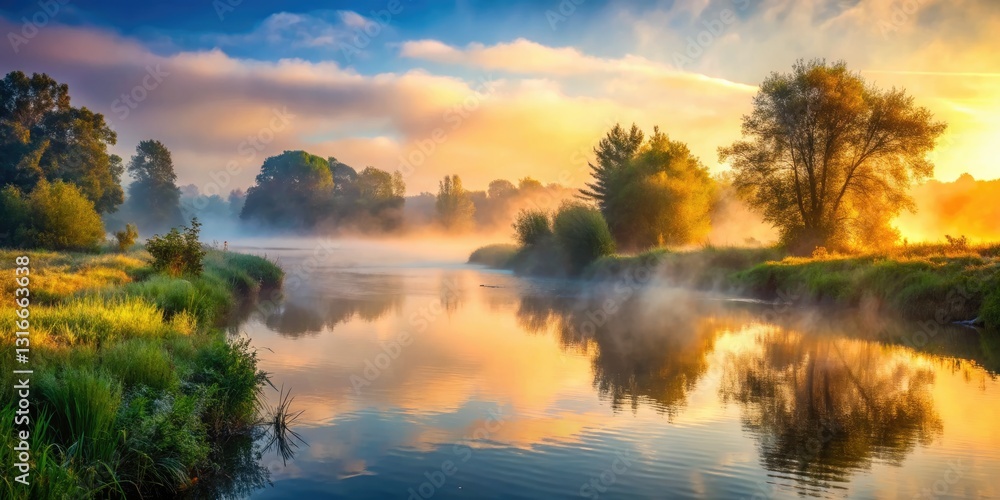 Ethereal dawn paints a foggy riverbank, serene waters reflecting misty morning light. Ethereal dawn paints a foggy riverbank, serene waters reflecting misty morning light.