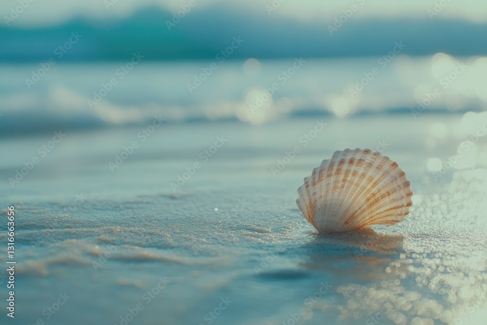 Seashell rests on a sandy beach, gently lapped by soft waves, under a serene sky. Seashell rests on a sandy beach, gently lapped by soft waves, under a serene sky.