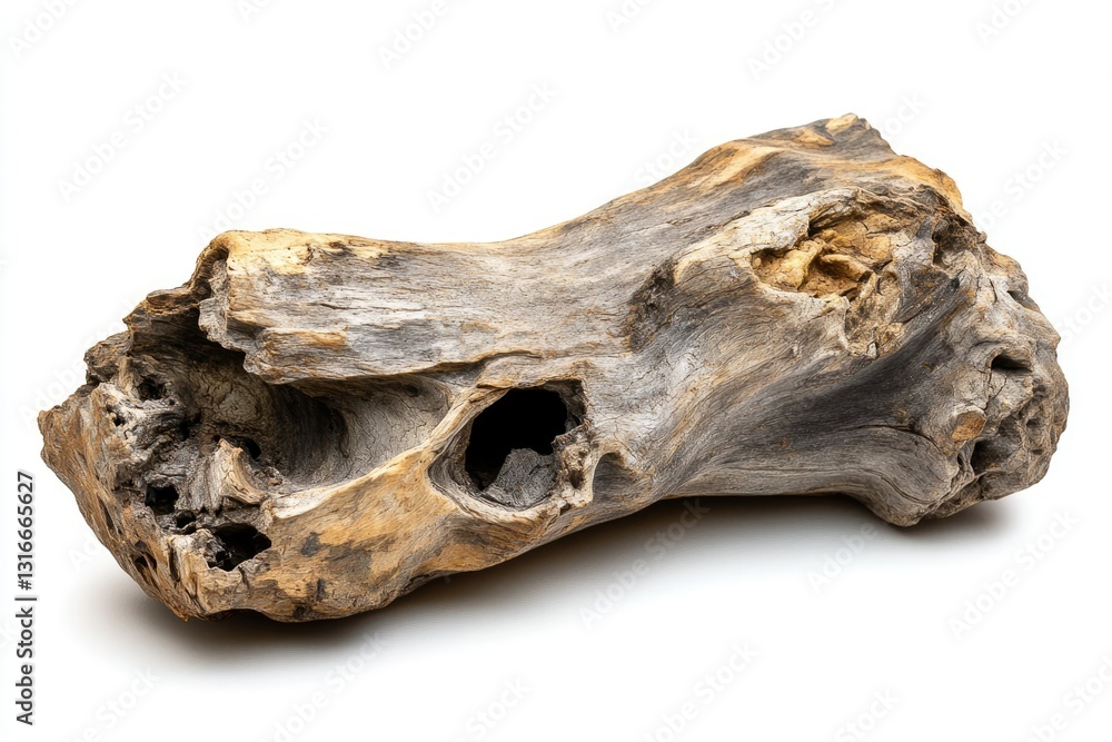 A weathered piece of driftwood with holes and crevices, showing texture and age. A weathered piece of driftwood with holes and crevices, showing texture and age.