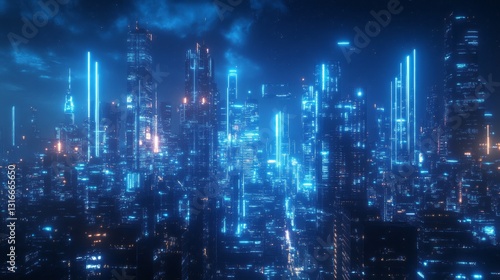 Wallpaper Mural A sprawling metropolis glimmers under a starlit sky, where towering skyscrapers radiate luminescent blue hues. Advanced technology merges with stunning design, creating an enchanting nightscape Torontodigital.ca