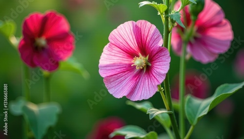 Hollyhock Althaea rosea with a few fallen leaves, foliage, stems, greenery