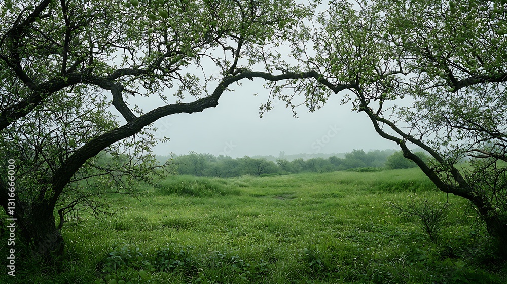 Misty Morning Meadow: A Tranquil Landscape Photograph AI Generated Misty Morning Meadow: A Tranquil Landscape Photograph AI Generated