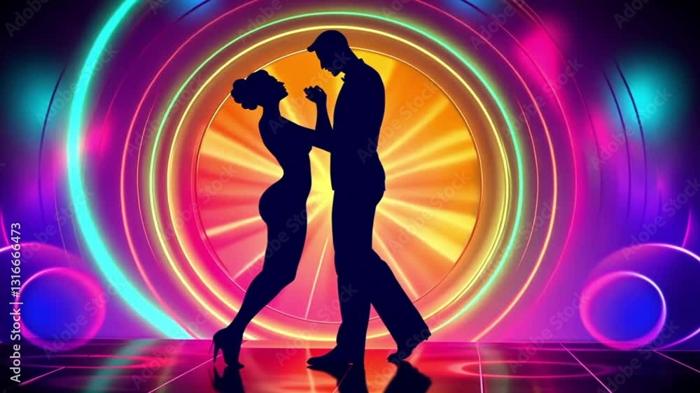 Couple dancing in neon lights, vibrant background, party scene, use for social media post Couple dancing in neon lights, vibrant background, party scene, use for social media post