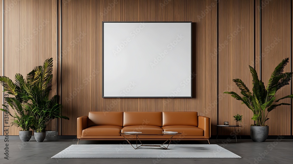 Modern Tan Leather Sofa in a Minimalist Wood-Paneled Room - 3D Render AI Generated Modern Tan Leather Sofa in a Minimalist Wood-Paneled Room - 3D Render AI Generated