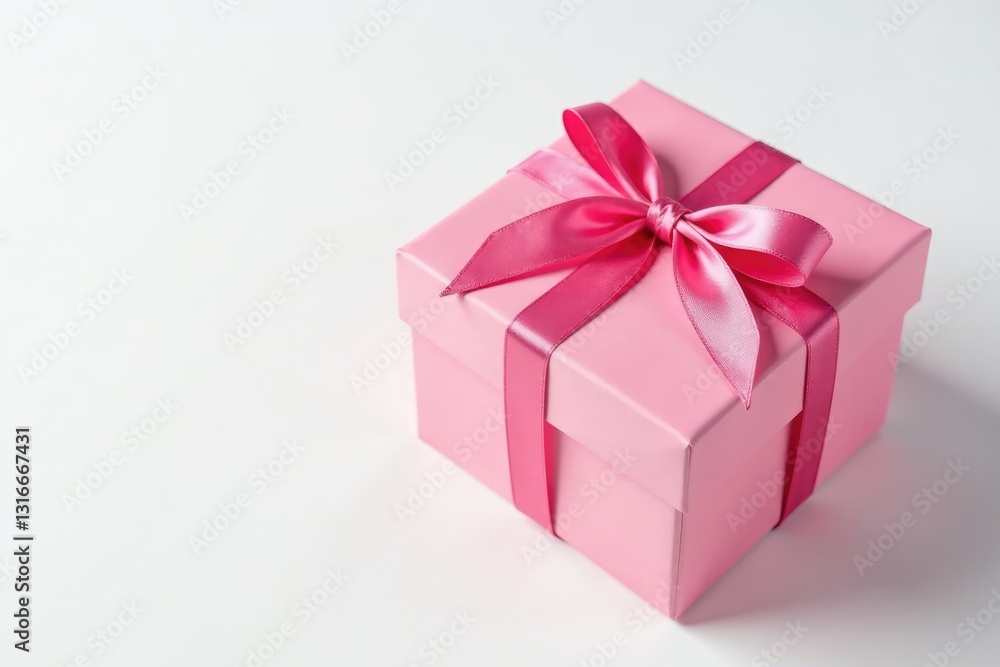 Pink box with ribbons and bows on white background, gift wrap, ribbons, packaging Pink box with ribbons and bows on white background, gift wrap, ribbons, packaging