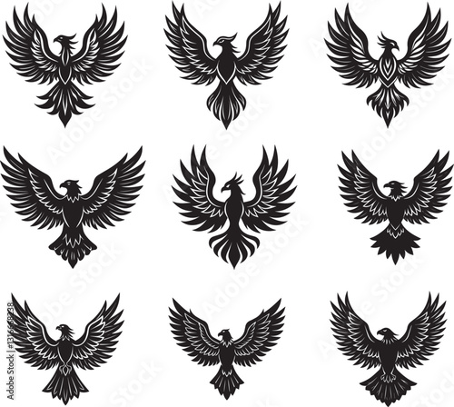 phoenik and eagle  black and white vector silhouette illustration logo art bundle set