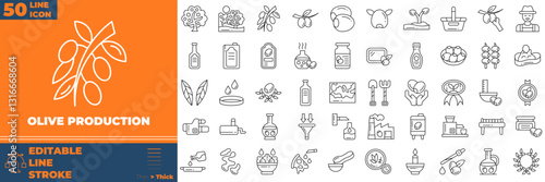 Olive Production Line Editable Icons set