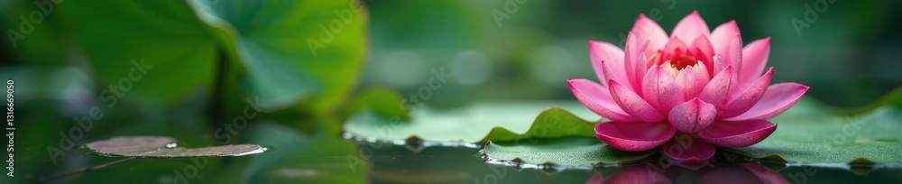Pink flower with dew-covered leaves and stems in a shallow water pool, organic, nature Pink flower with dew-covered leaves and stems in a shallow water pool, organic, nature