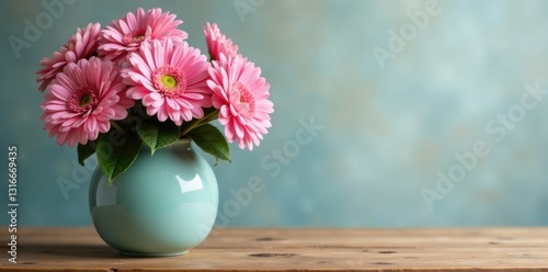 Pink Gerbera flowers in a vase on wooden table, flowers, arrangement