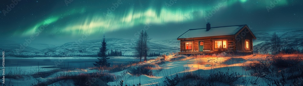 Fototapeta premium A cozy cabin amidst a snowy landscape, illuminated by the mesmerizing glow of the northern lights in a serene winter night.