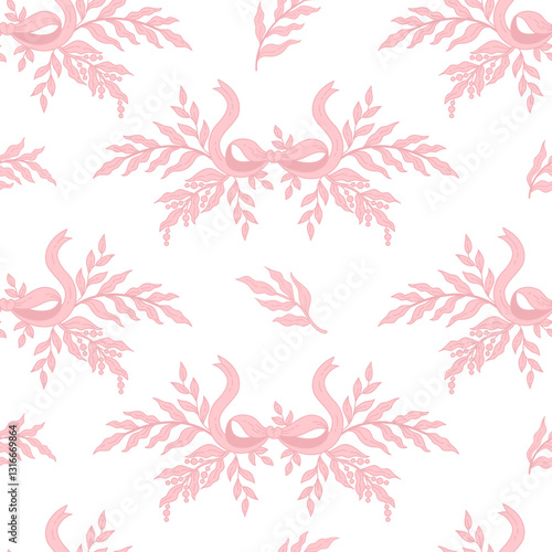 Vintage Seamless Pattern Pink Ribbon Bow with Plants. Romantic Coquette Girly Vibe