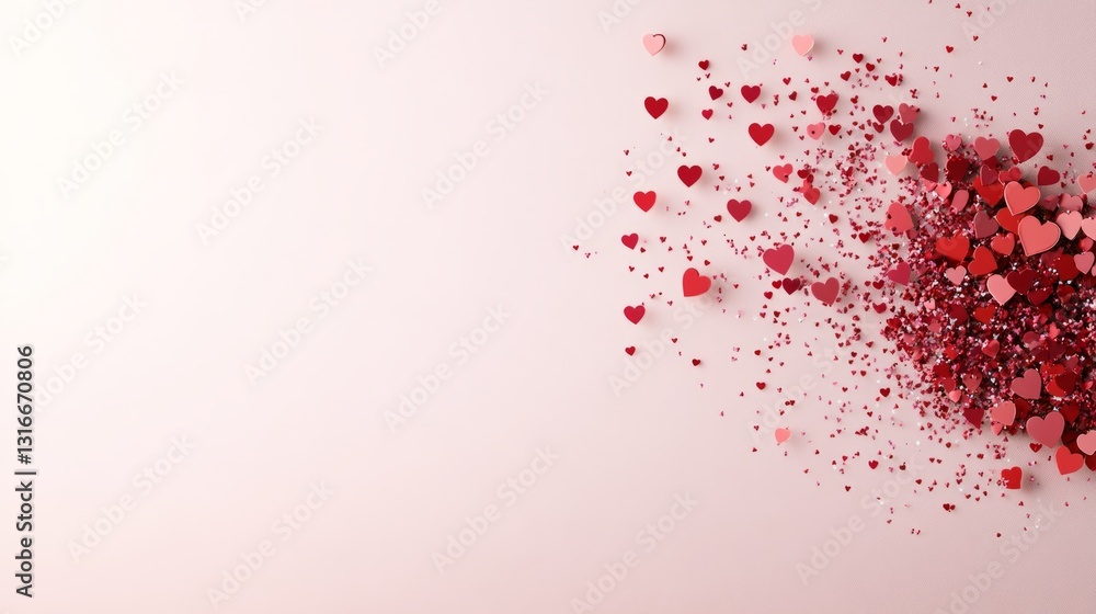 Obraz premium scattered red heart confetti against a soft background.