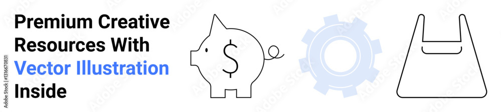 Piggy bank with dollar sign, gear symbol, and tote bag highlight financial planning, creativity, and productivity. Ideal for finance, savings, business, creative resources e-commerce tools flat Piggy bank with dollar sign, gear symbol, and tote bag highlight financial planning, creativity, and productivity. Ideal for finance, savings, business, creative resources e-commerce tools flat