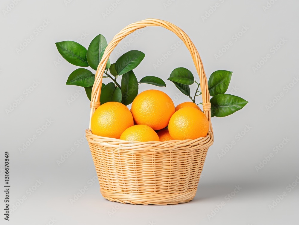 A woven basket filled with fresh oranges and green leaves on a light background A woven basket filled with fresh oranges and green leaves on a light background