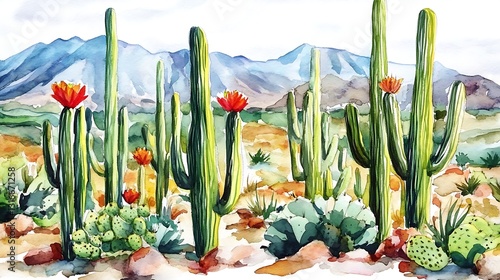 Desert Bloom Watercolor Painting Arizona Cactus Landscape with Saguaro Cacti and Mountains Artistic Flora Art Print Illustration Desertscape photo