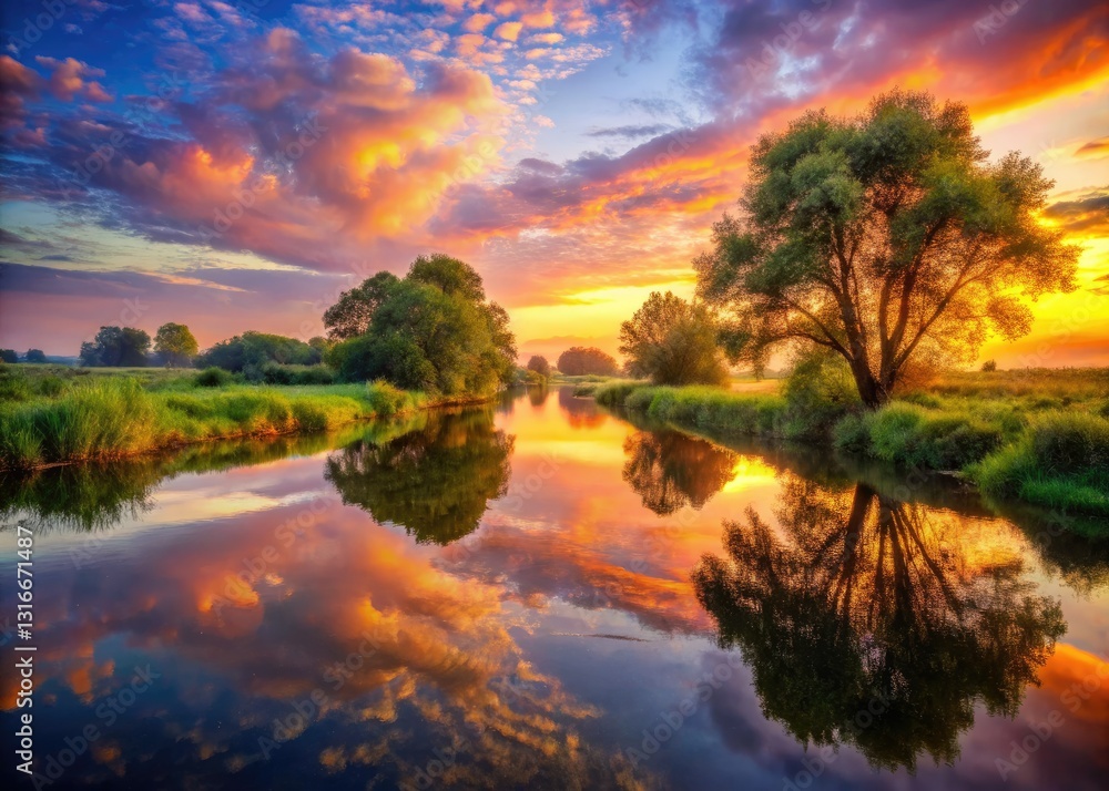 Obraz premium Misty trees mirror in tranquil river, serene sunset paints the sky.