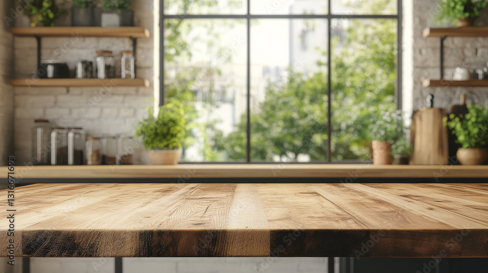 A wooden tabletop set against a softly blurred background of a kitchen shelf and window, creating a perfect surface for product display or design mockups A wooden tabletop set against a softly blurred background of a kitchen shelf and window, creating a perfect surface for product display or design mockups