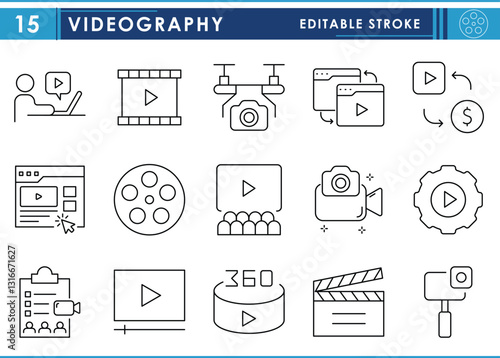 A set of line icons related to Videography. Video, edit, tools, click, drones, publish, cinema, and so on. Vector editable stroke.