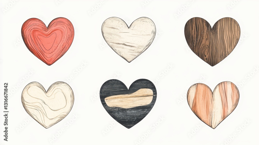 Six different hearts with detailed textures and varying colors Six different hearts with detailed textures and varying colors