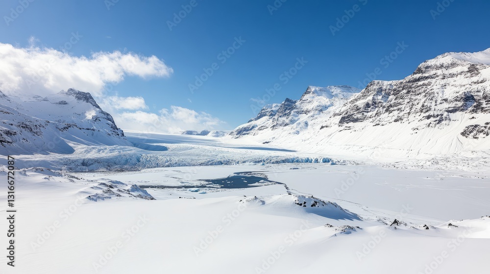 Fototapeta premium a beautiful landscape in a snowy mountain area under a clear blue sky.