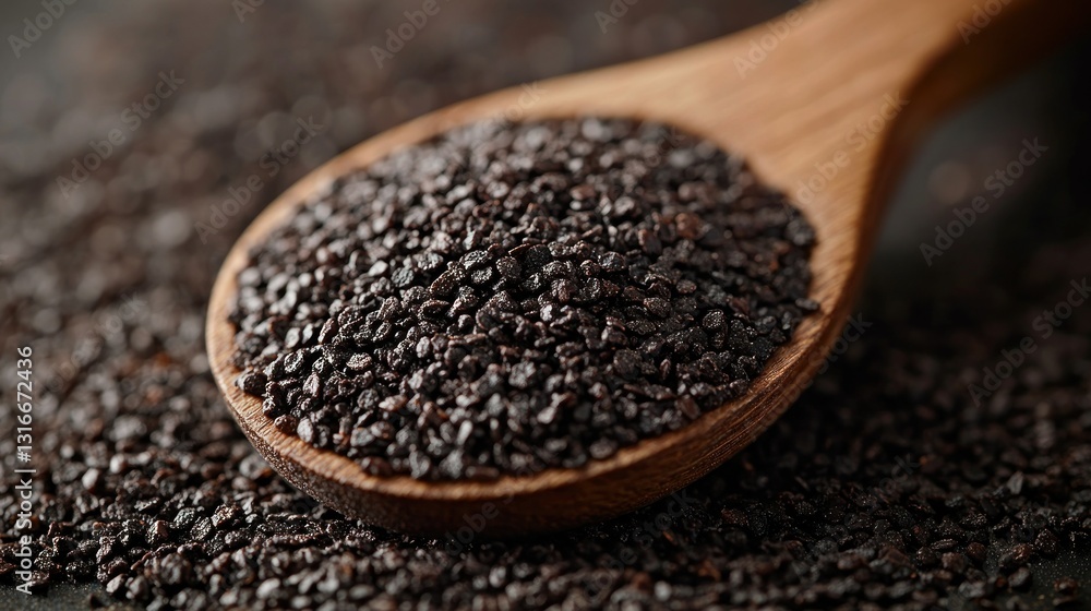 Dark brown, granular spice in wooden spoon Dark brown, granular spice in wooden spoon