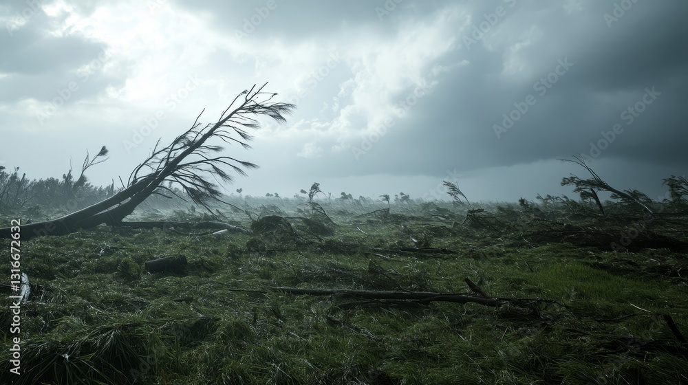 a landscape depicts the aftermath of a hurricane. a landscape depicts the aftermath of a hurricane.