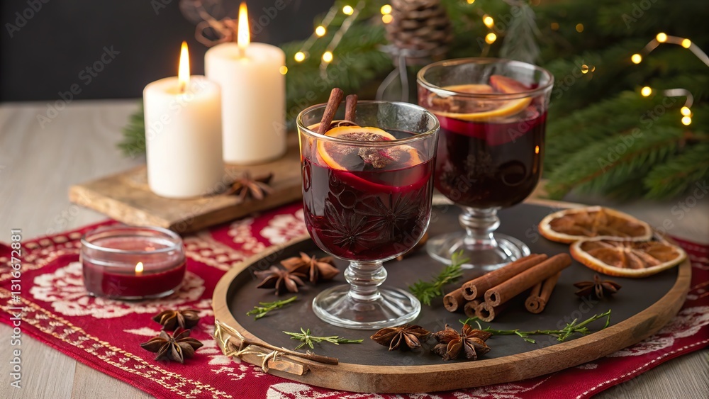 Mulled wine elegantly served in stemless glasses alongside festive decorations and warm candles for a cozy winter gathering Mulled wine elegantly served in stemless glasses alongside festive decorations and warm candles for a cozy winter gathering