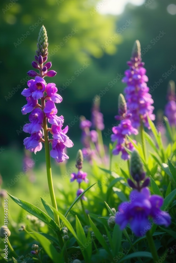Obraz premium Purple flowers swaying gently in the breeze amidst lush greenery, blooming, purple flowers
