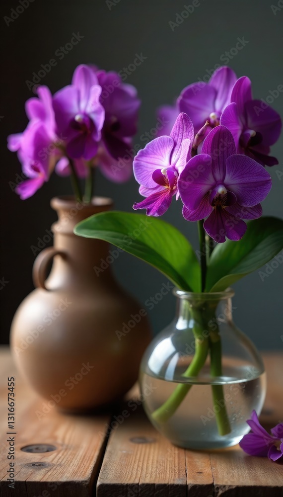 Purple Vanda teres on a wooden table with decorative ornaments, wood, table, purple Purple Vanda teres on a wooden table with decorative ornaments, wood, table, purple