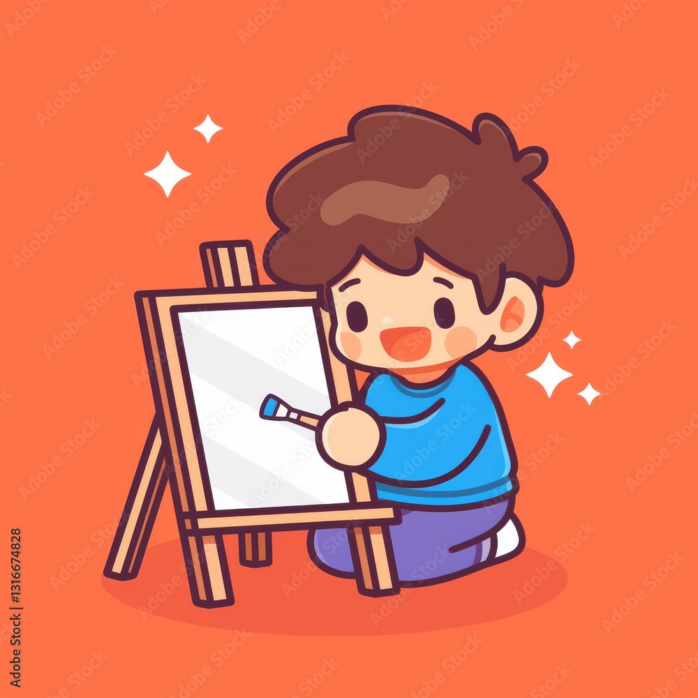 Child Painting at Easel, Simple Art Child Painting at Easel, Simple Art