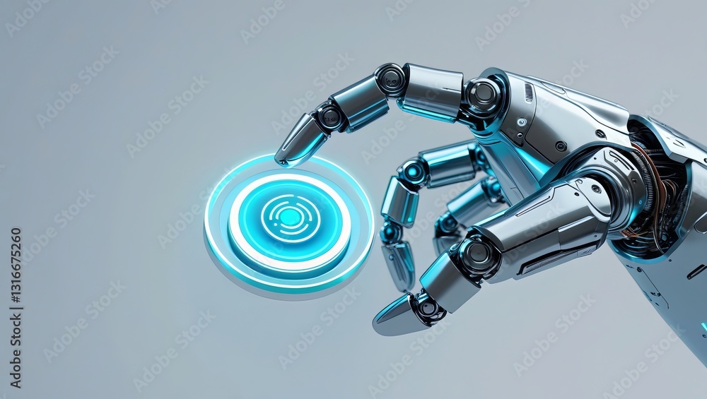 Futuristic Cybernetic Hand Pressing a Virtual Button on White Background Futuristic Cybernetic Hand Pressing a Virtual Button on White Background