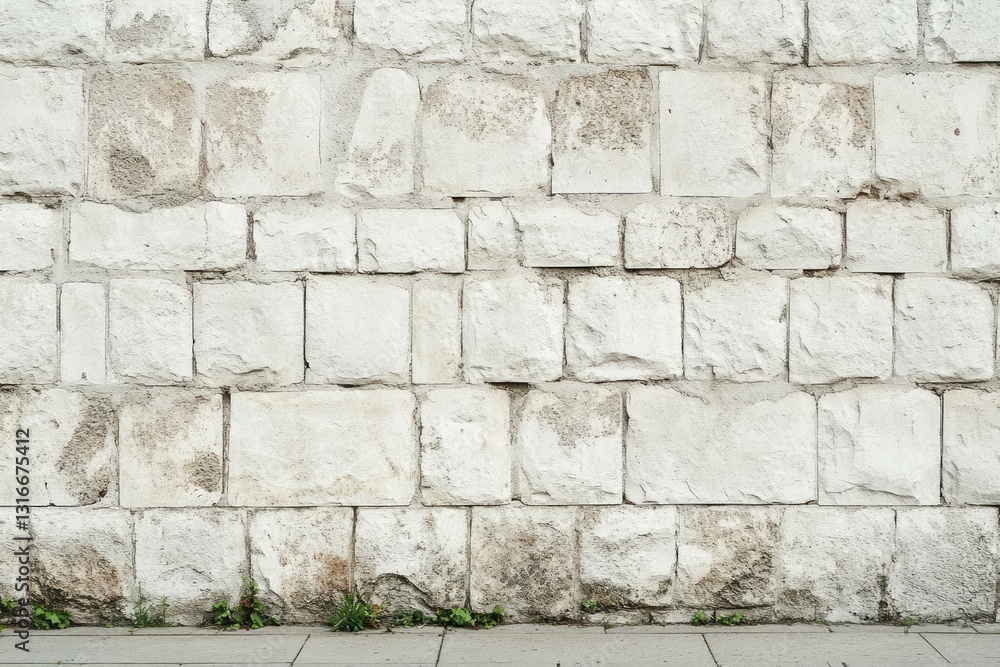 Fototapeta premium Weathered stone wall with sidewalk at base. AI generated