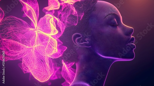 A minimalist 3D silhouette of a woman’s profile in bold purple, surrounded by delicate pink and yellow flower outlines, elegant and symbolic, ideal for empowerment graphics, event posters.