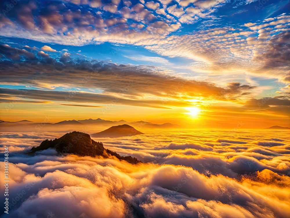 Obraz premium Serene sunrise, minimalist clouds ignite the sky.