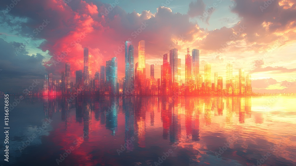 Dreamlike Cityscape with Transparent Buildings at Sunset Reflection Dreamlike Cityscape with Transparent Buildings at Sunset Reflection