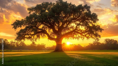 Fototapeta Naklejka Na Ścianę i Meble -  Silhouette of a majestic oak tree against a sunset sky
