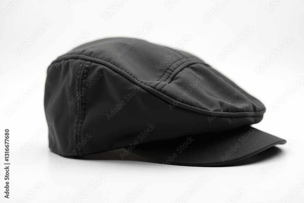 Stylish black cap displayed on a neutral surface Stylish black cap displayed on a neutral surface