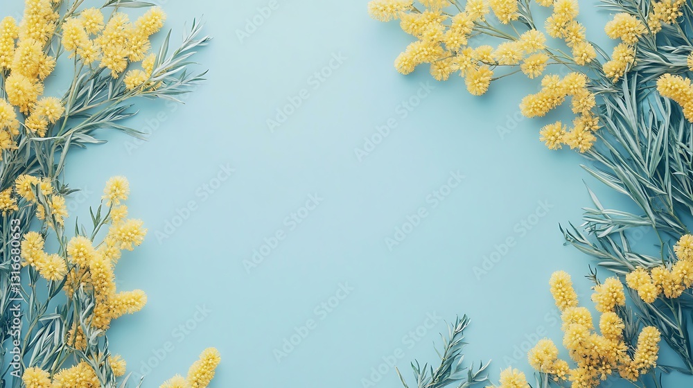 Blank card with delicate yellow mimosa flowers on a pastel blue background Blank card with delicate yellow mimosa flowers on a pastel blue background