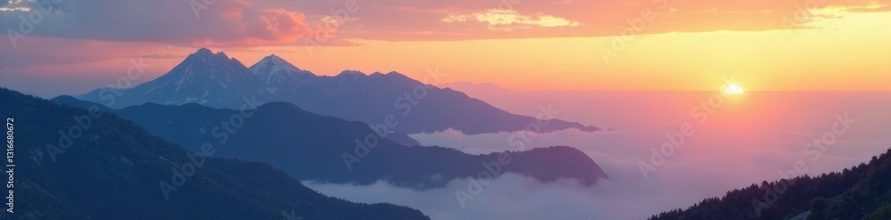 Softly glowing clouds on mountain peaks at sunset, gentle, peaceful Softly glowing clouds on mountain peaks at sunset, gentle, peaceful