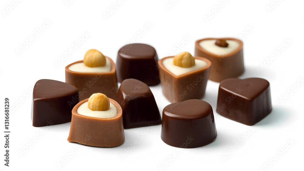 A set of assorted pralines in different shapes—square, round, and heart-shaped—filled with creamy hazelnut and coffee flavors A set of assorted pralines in different shapes—square, round, and heart-shaped—filled with creamy hazelnut and coffee flavors
