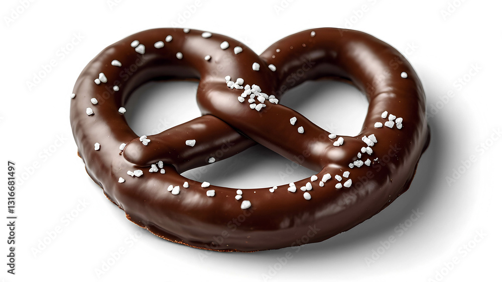 A crunchy chocolate-covered pretzel with a glossy chocolate coating and sea salt flakes sprinkled on top A crunchy chocolate-covered pretzel with a glossy chocolate coating and sea salt flakes sprinkled on top