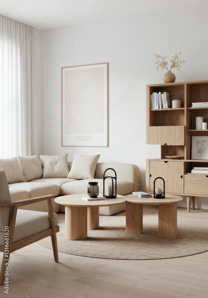 Fototapeta premium Picture frame mock-up in interior design. Modern Scandinavian interior with poster artwork template. Blank empty copy space frame mockup