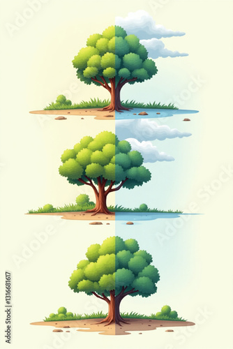 Vivid Autumn to Winter Transition Tree Vector Landscape, Seasonal Change Concept, Environment Adaptation Graphic, Colorful Foliage and Snow, Weather Pattern Illustration, Nature's Cycle Depiction